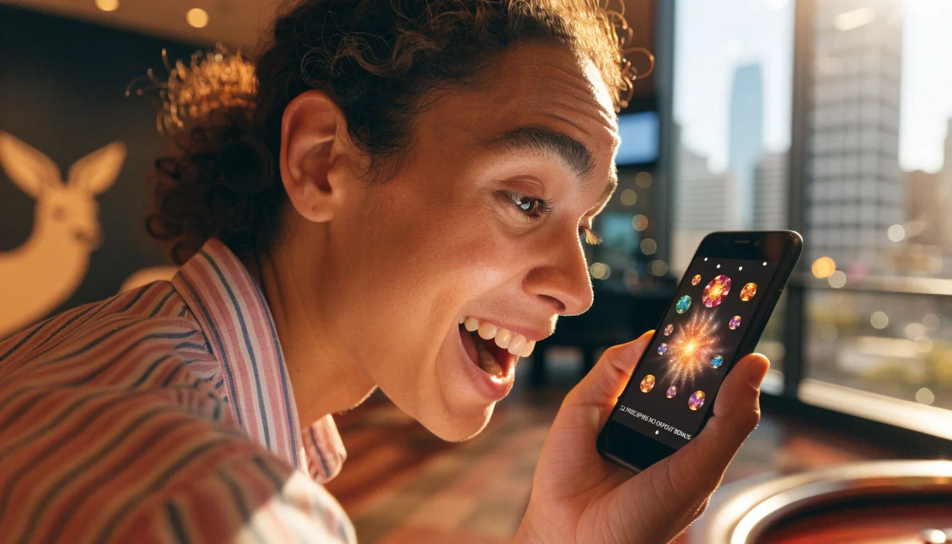 Excited player receiving 120 free spins on a smartphone in an Australian casino.