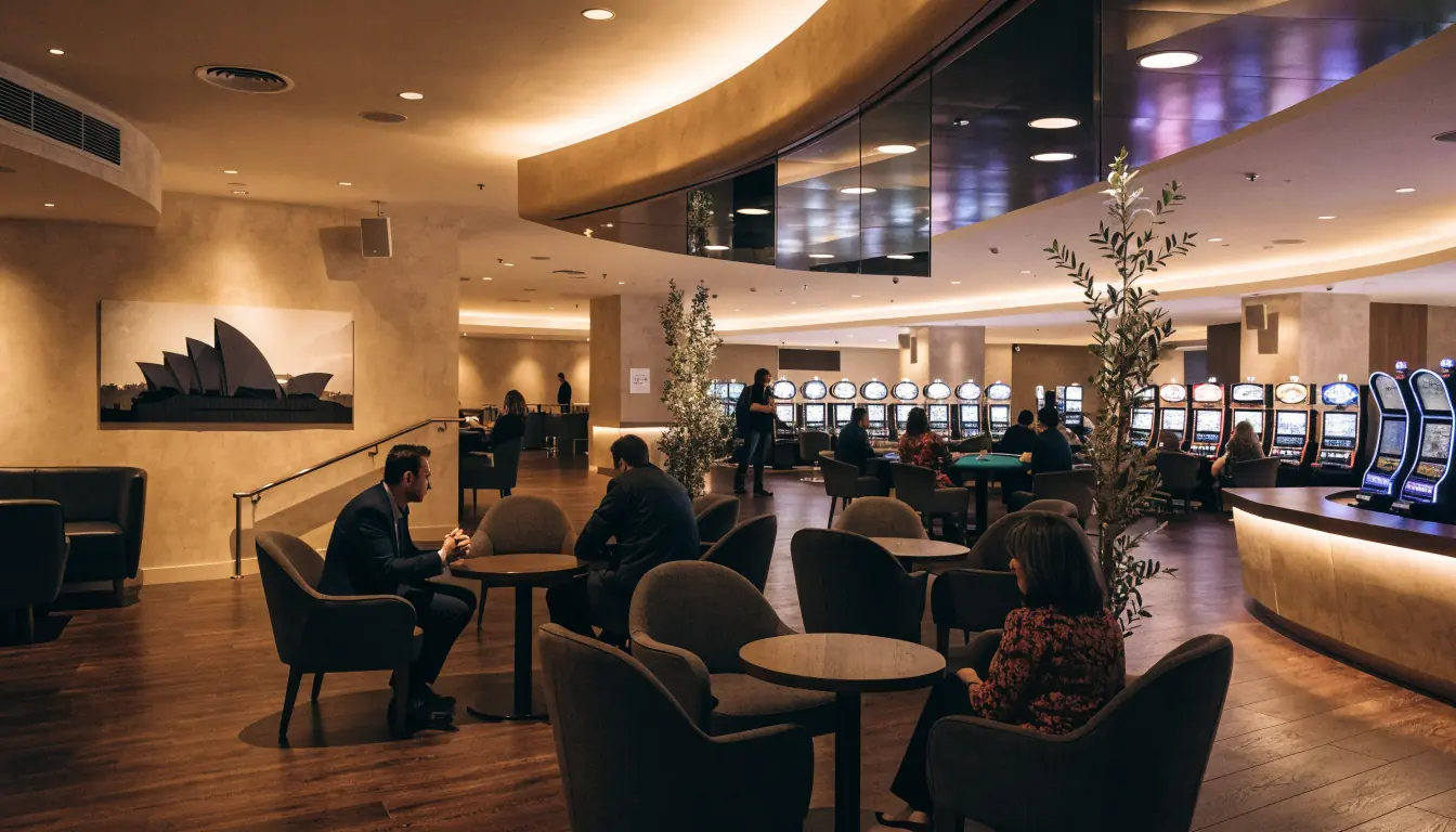 Australian casino interior with warm lighting and local motifs