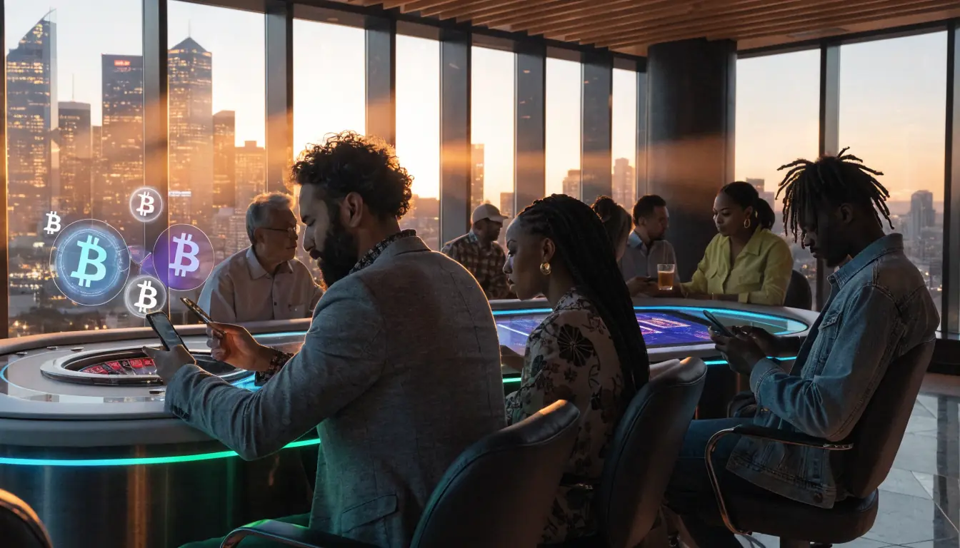 Australian casino interior with neon crypto symbols and Sydney skyline
