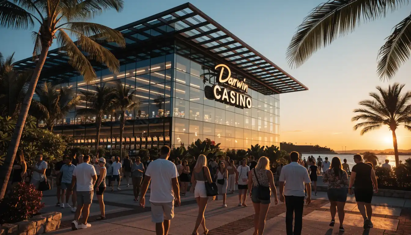 Darwin Casino exterior at sunset with neon lights and palm trees