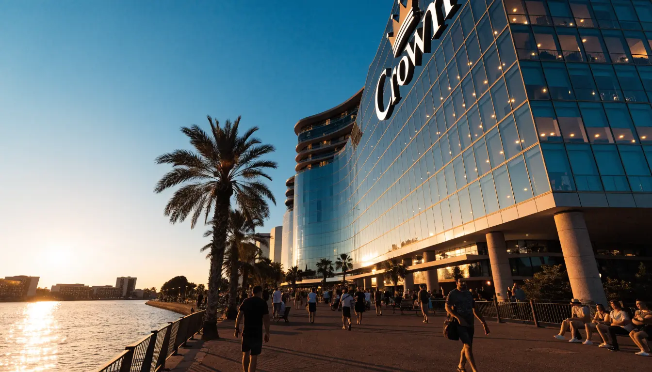 Crown Perth casino hotel illuminated at sunset with river backdrop