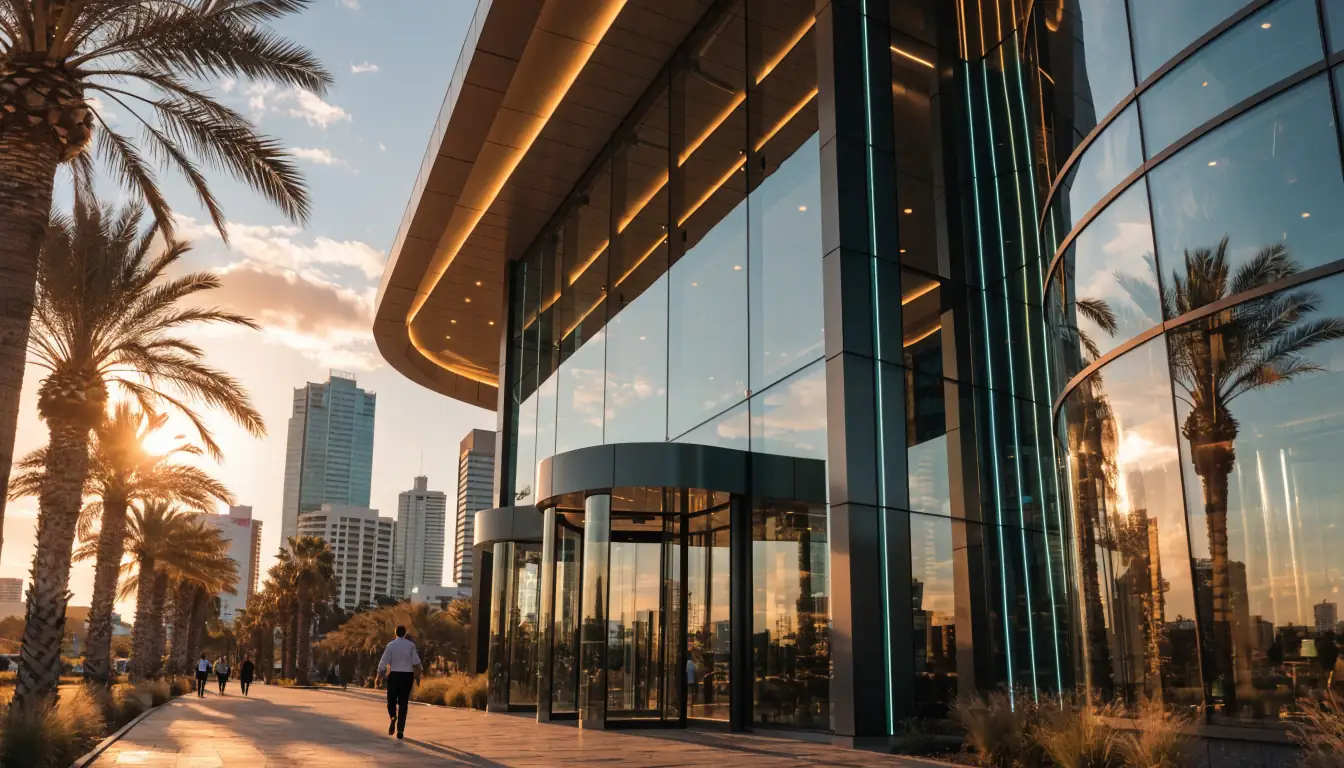 Modern casino building with glass façade and neon lights at sunset
