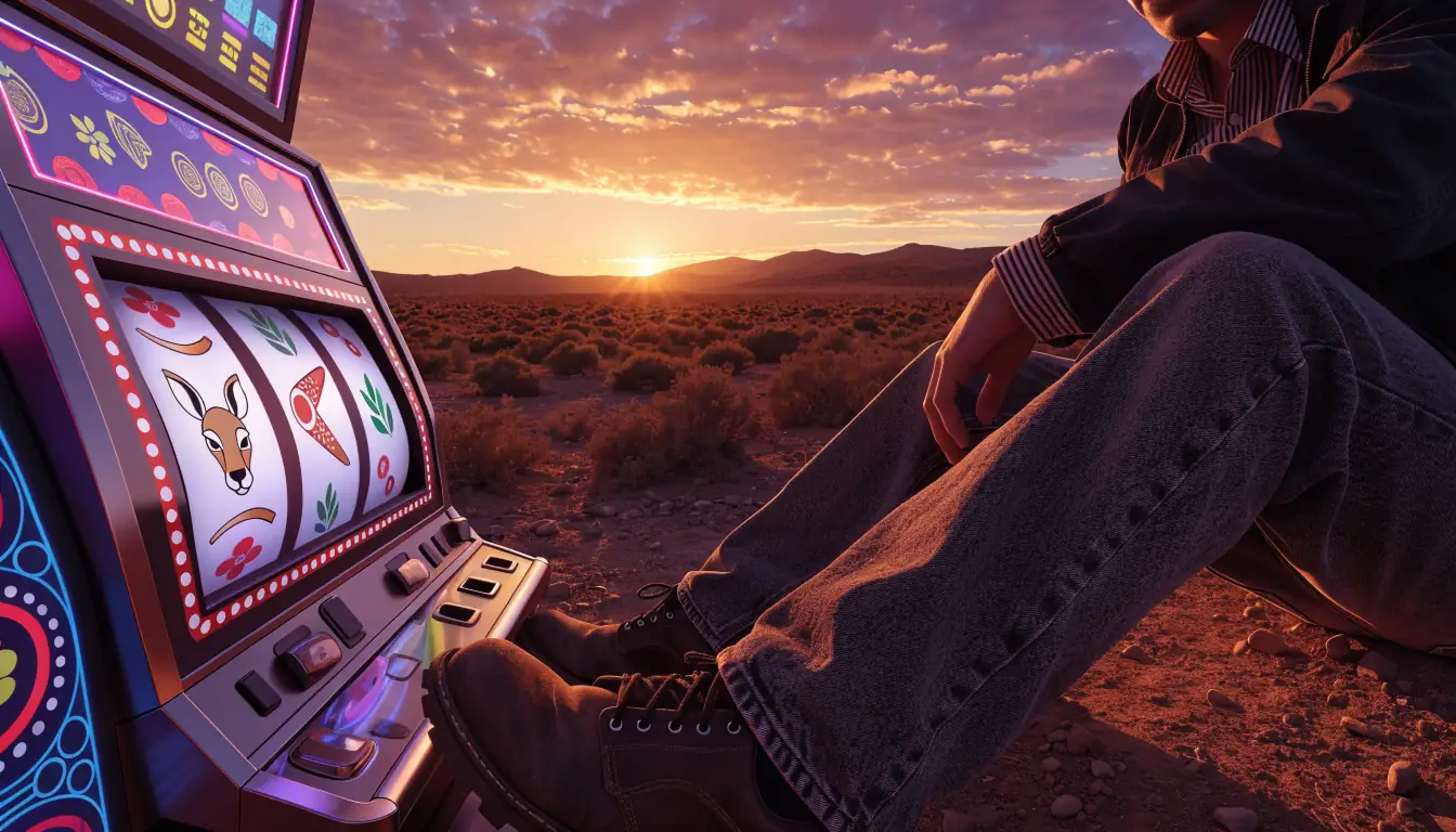 Australian outback sunset with glowing slot machine and kangaroo symbols