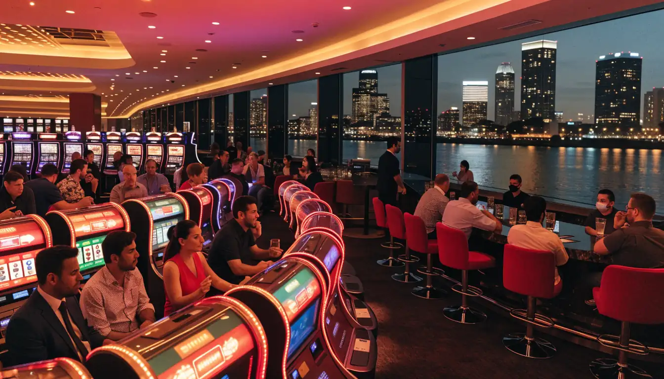 Nighttime Perth casino interior with glowing poker machines and river skyline