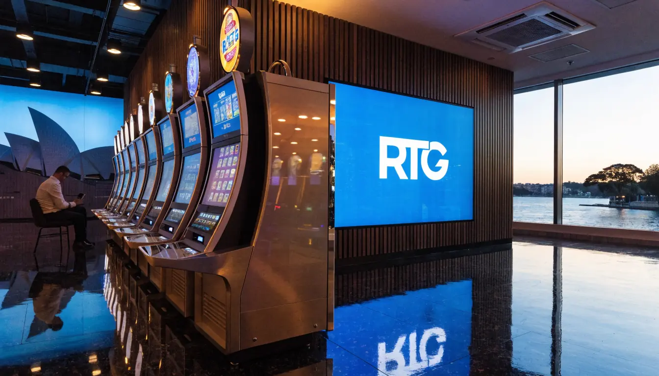 Australian casino interior with glowing slot machines and harbor view