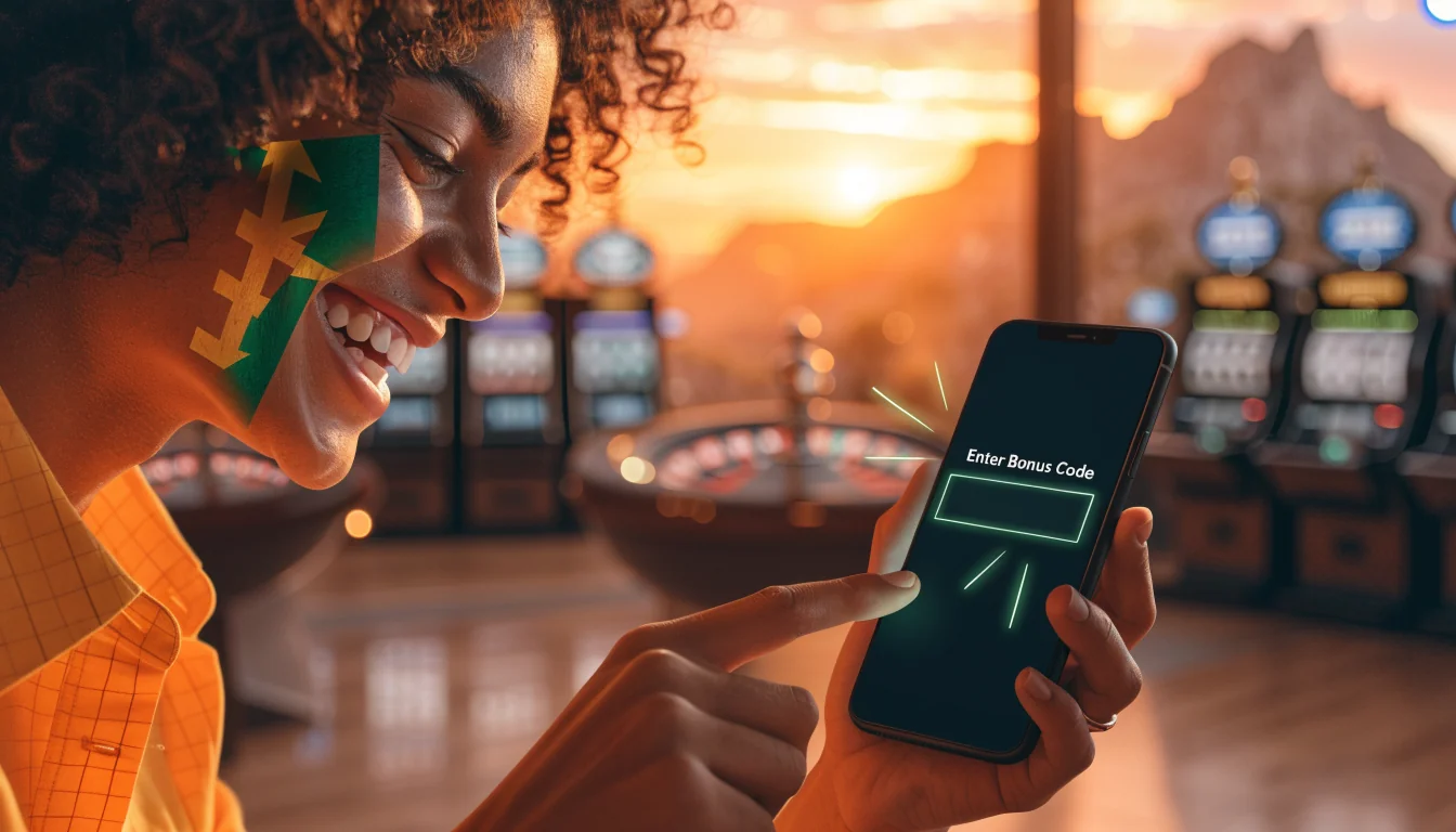 Young adult with smartphone showing bonus code, Australian flag colors, casino interior background