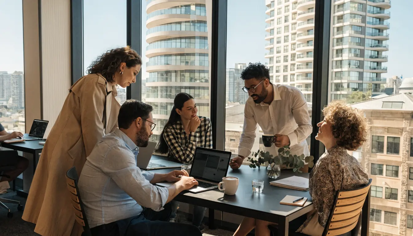 Australian editorial team working in a bright office