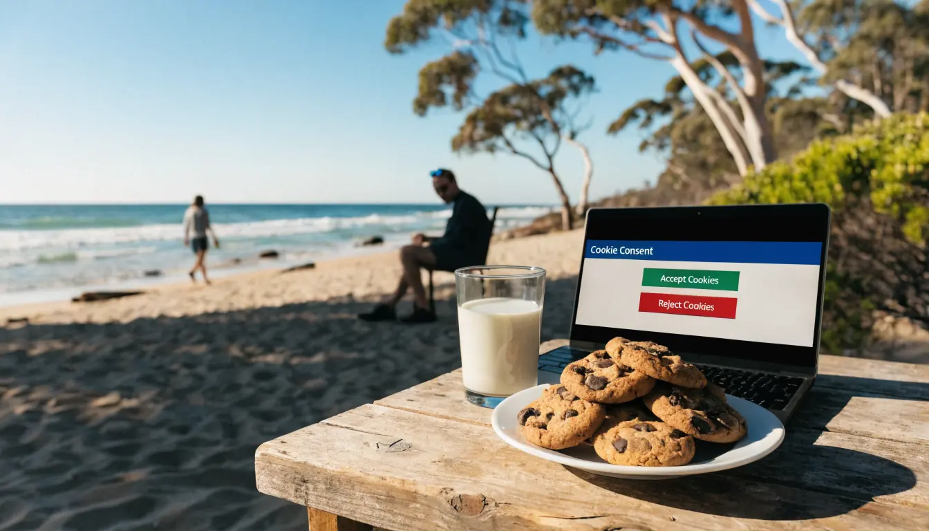Australian beach table with cookies, milk, laptop.
