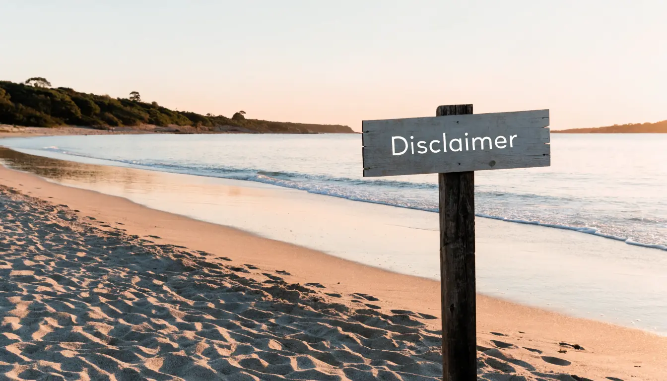 Australian sunset beach with a wooden sign reading Disclaimer