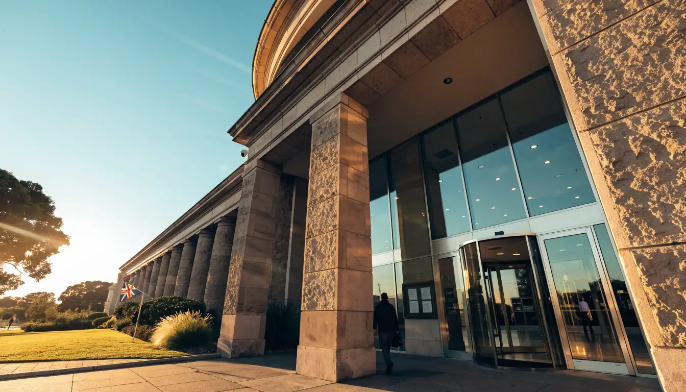 Australian courthouse at sunrise with flag waving