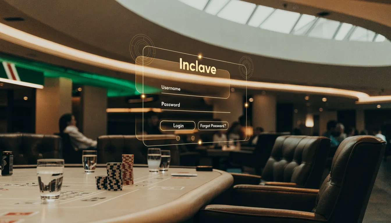 Australian casino lounge with holographic Inclave login overlay