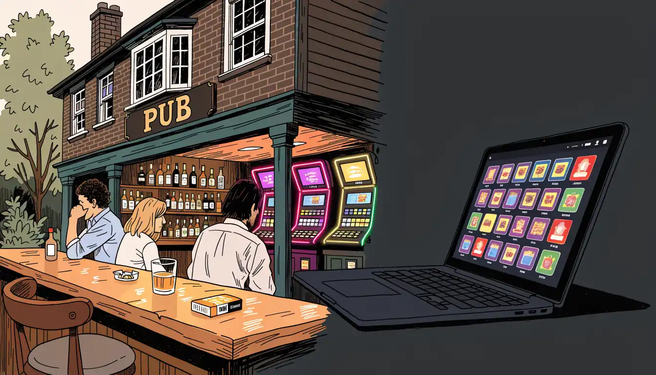 Pub interior with pokies machines and online pokies silhouette