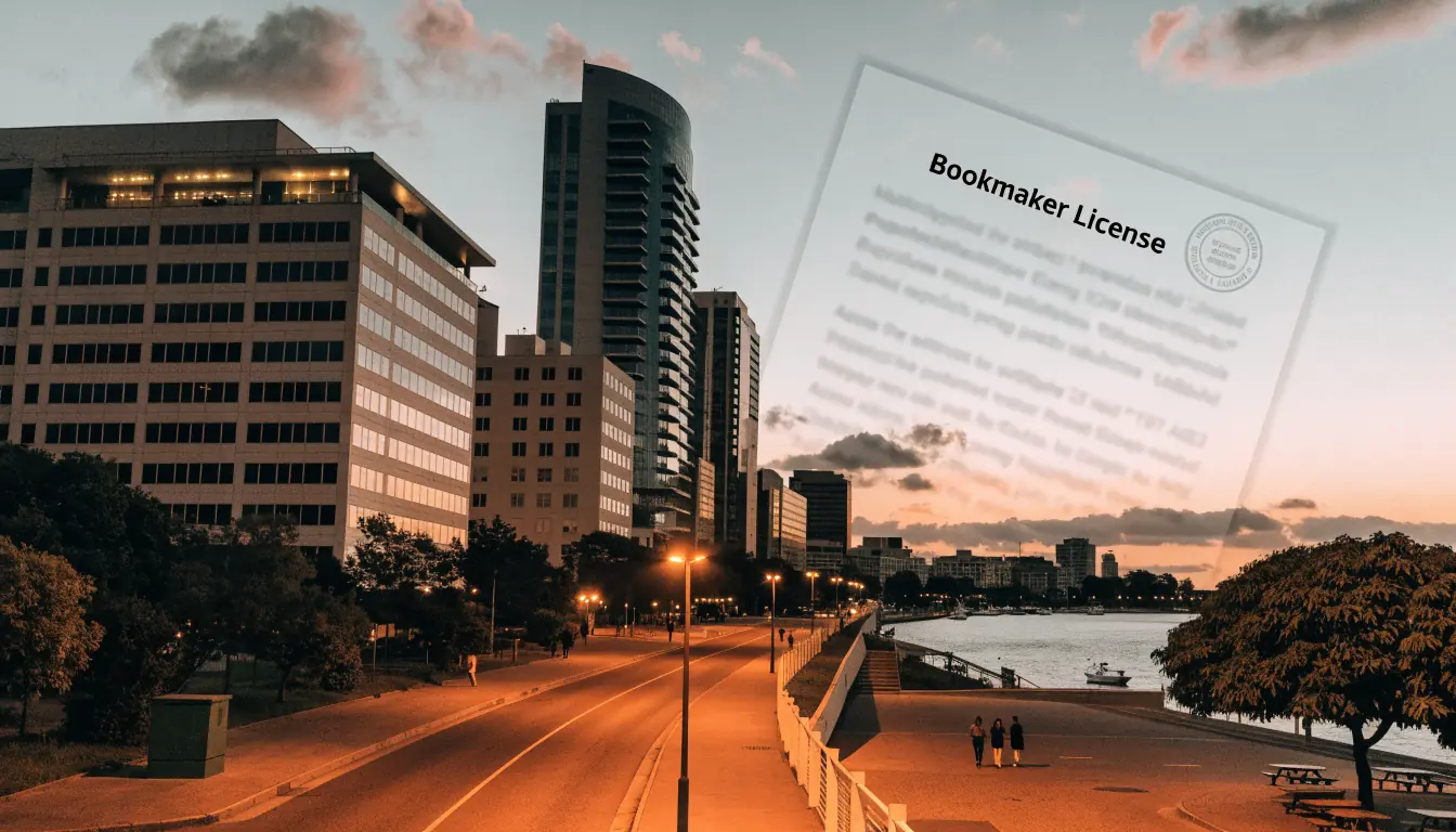 Darwin skyline with floating bookmaker license document
