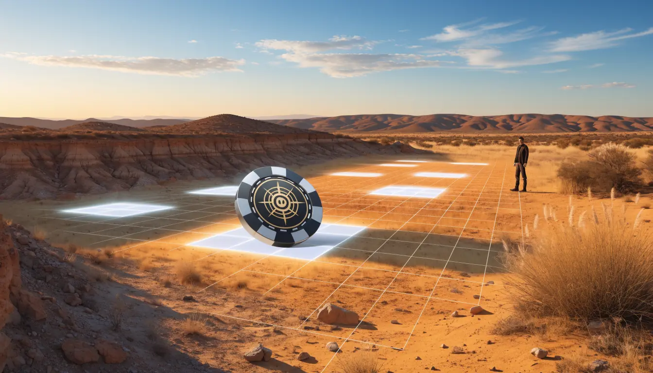 Australian desert with glowing minefield grid and casino chip