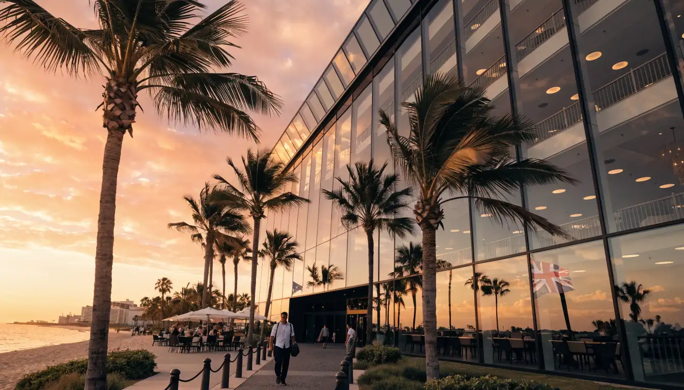 Australian beach casino resort at sunset with glowing glass façade