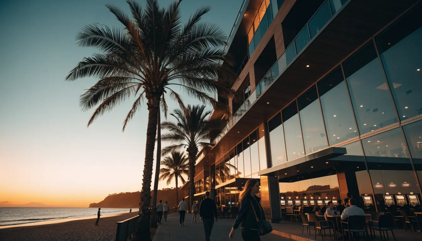 Australian beachside casino resort at sunset with palm trees