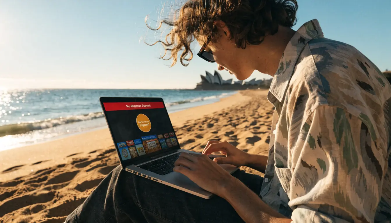 Young adult on Australian beach using laptop for no‑deposit casino