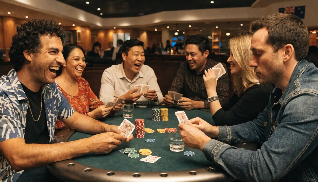 Australian adults playing cards responsibly in a bright casino setting