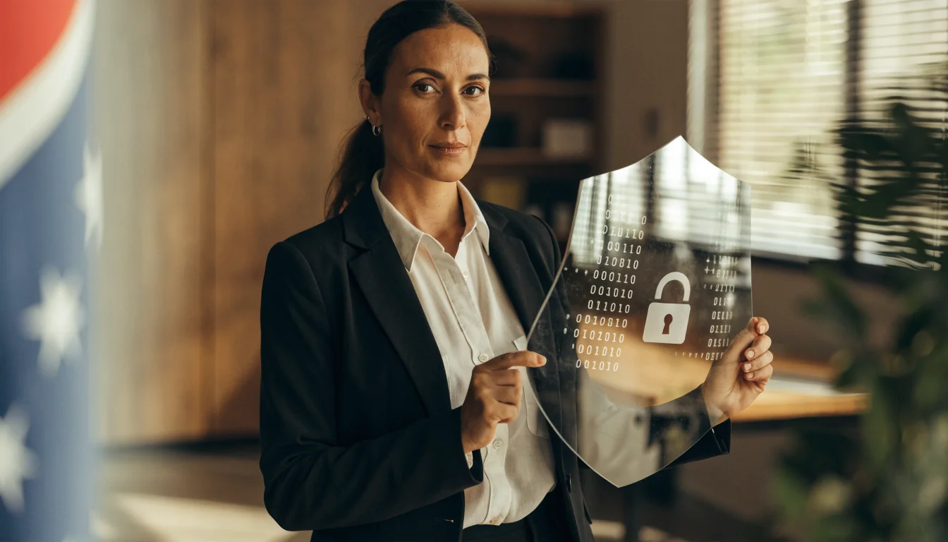 Australian professional holding a transparent data shield