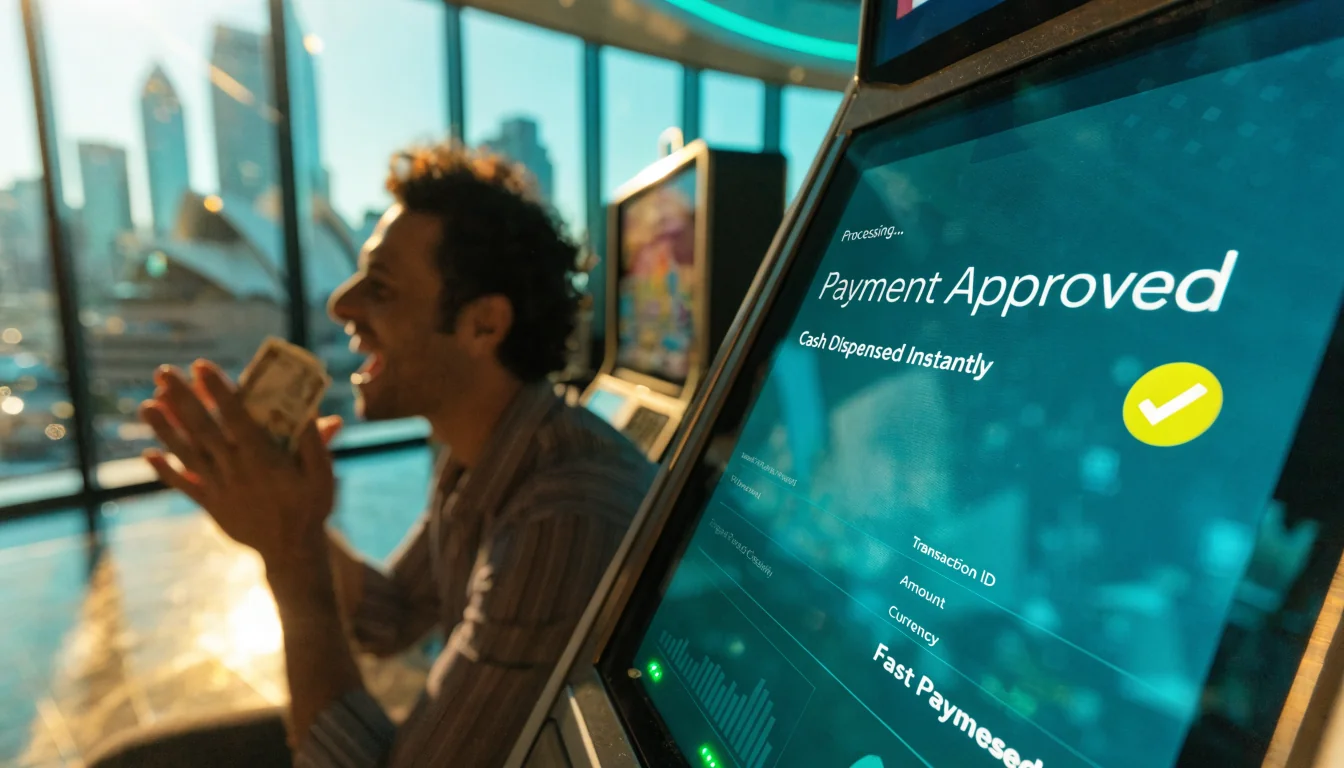 Australian casino interior with fast payout transaction display