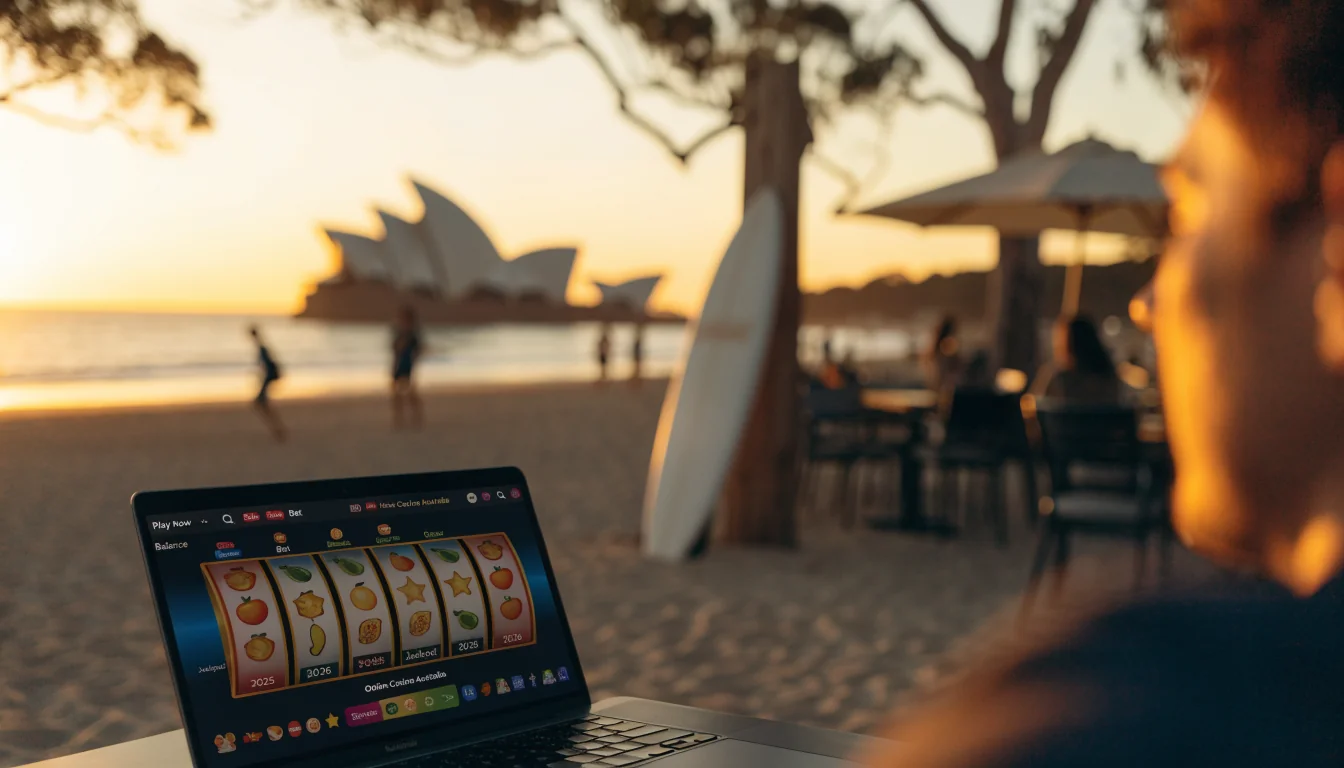 Australian beach café with laptop displaying online casino game