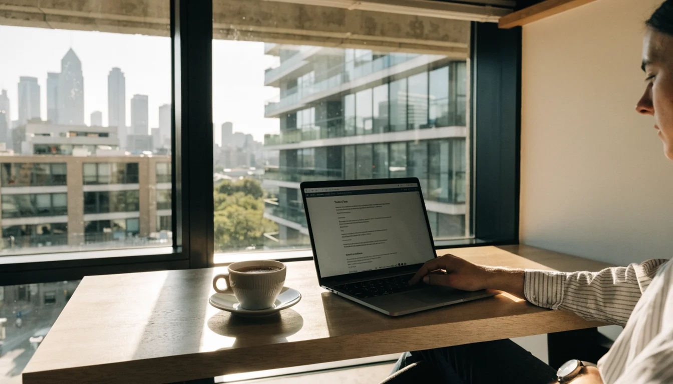 Australian office desk with laptop showing terms page and coffee cup