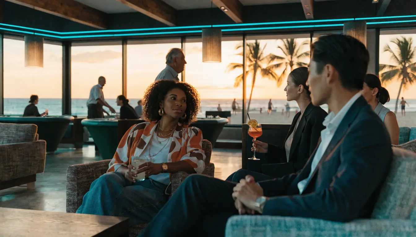 Australian beachside casino lounge at sunset with people gambling